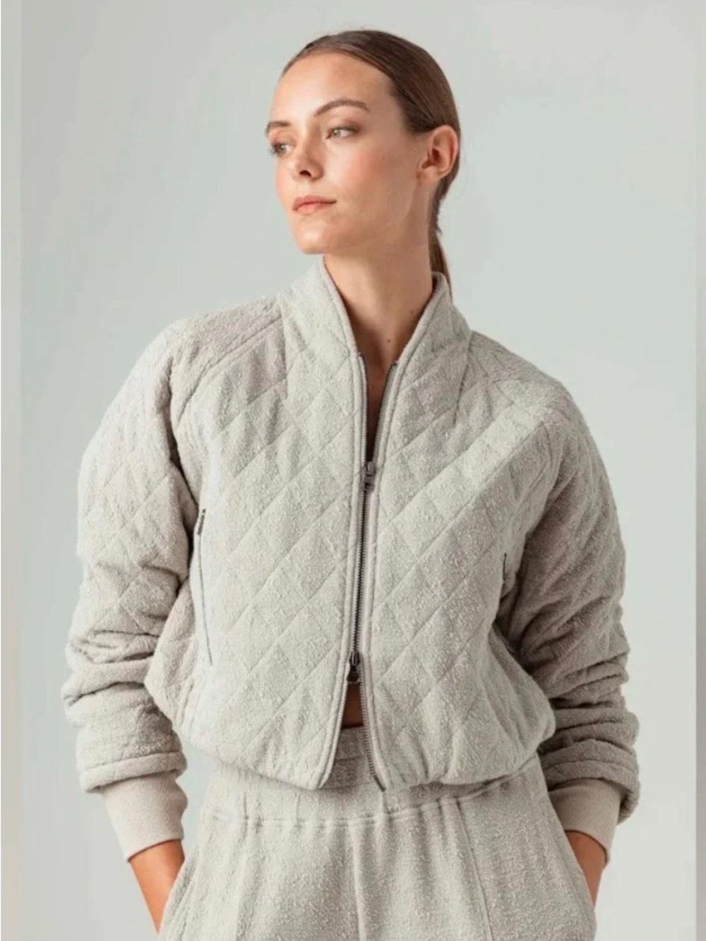NEW Sundays Marlowe Cropped Jacket Quilted Bomber in Dove Gray Size Small NWT